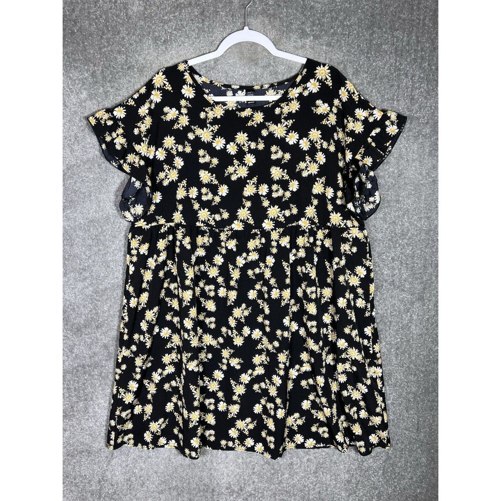 Emery Rose Dress Womens Sz 2XL Black Floral Stretch Pleated Ruffled Cap Sleeve